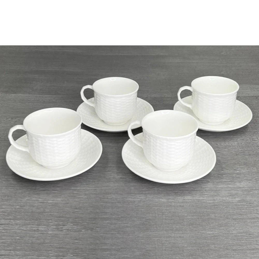 Wedgwood Nantucket Basket Teacup & Saucer White Set of 4 Bone China Tea Cup EUC